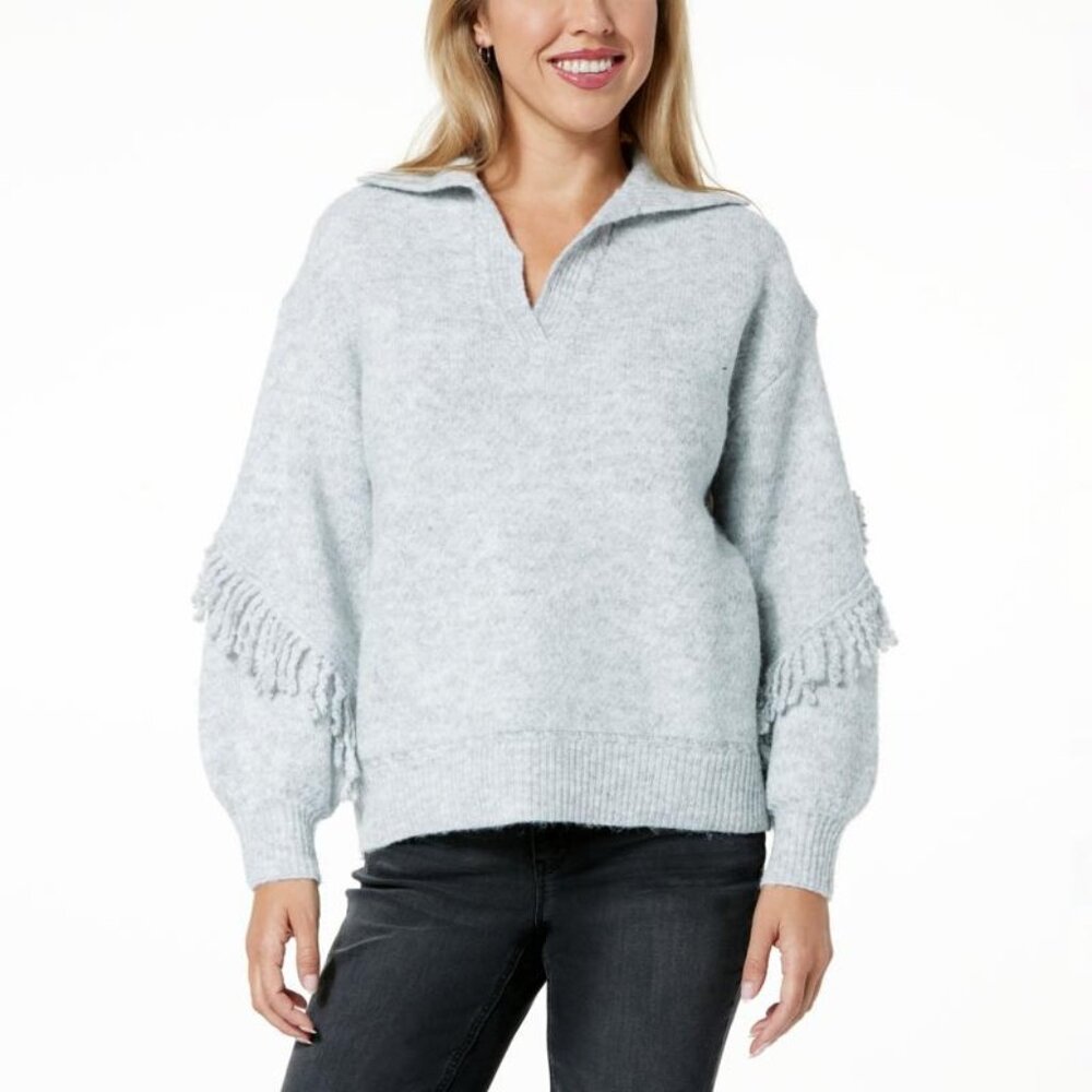 Democracy Long Blouson Sleeve Cascading Fringe Sweater Size Medium Gray Cozy NEW